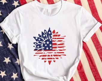 America Sunflower Shirt, Independence Day T-Shirt, Fourth of July Tshirt, Fireworks Tshirt, American Patriotic Tee, Memorial, Gift for Her