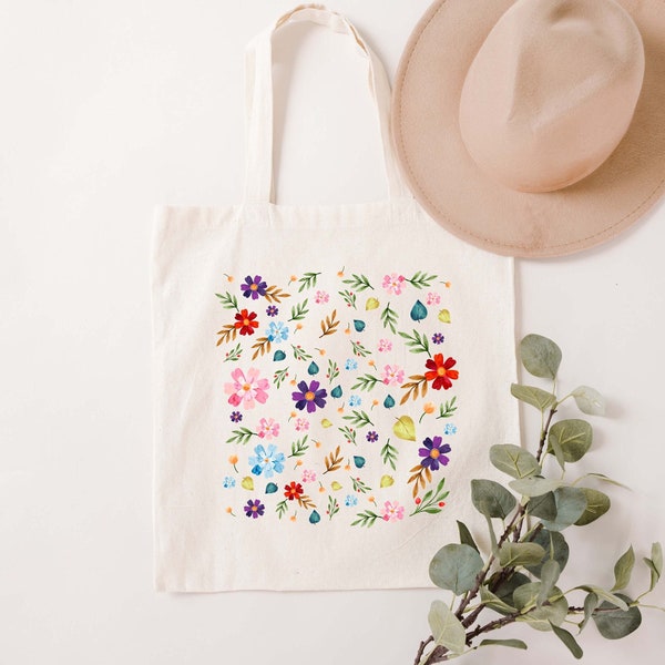 Floral Tote Bag | Shoulder Bags | Watercolor | Print | Flowers | Daisy | Lavender | Rose | Garden | Eco-Friendly