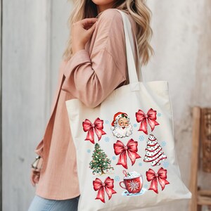 Coquette Bow Tote Bag, Merry Christmas Gift, Gift For Mom, Women&#39;s Holiday Tote Bag, Christmas Party Tote Bag