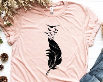 Feather Birds Shirt, Graphic Tee, Women V-neck T Shirt, Feather