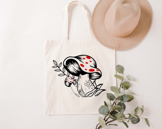 Mushrooms Canvas Tote Bag, Mushroom Plant Floral Tote Bag, Vintage Women Shoulder Bag,Aesthetic Cute Shopping Bag,Eco Friendly Grocery Bag