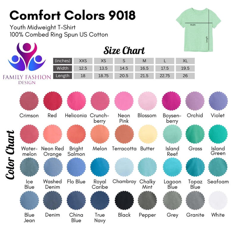 May include: A graphic featuring a Comfort Colors 9018 youth midweight t-shirt, size chart, and color chart. The size chart shows widths from 12.5 to 19.5 inches and lengths from 18 to 26 inches. The color chart displays various colors.