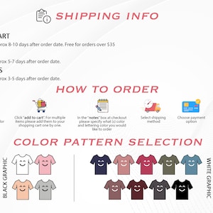 May include: A graphic showing different color and pattern options for a t-shirt with a smiling face graphic. The t-shirt colors include white, pink, peach, gray, navy blue, brown, maroon, green, and blue. The text "BLACK GRAPHIC" and "WHITE GRAPHIC" are on the left and right sides of the image, respectively.