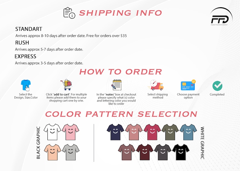 May include: A graphic showing different color and pattern options for a t-shirt with a smiling face graphic. The t-shirt colors include white, pink, peach, gray, navy blue, brown, maroon, green, and blue. The text "BLACK GRAPHIC" and "WHITE GRAPHIC" are on the left and right sides of the image, respectively.