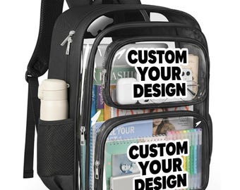 Personalized Clear School Backpack, Stadium Approved Transparent Bag, PVC Rucksack with Bottle Holders