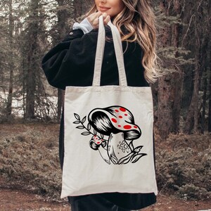 Mushrooms Canvas Tote Bag, Mushroom Plant Floral Tote Bag, Vintage Women Shoulder Bag,Aesthetic Cute Shopping Bag,Eco Friendly Grocery Bag image 3