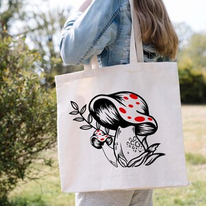Mushrooms Canvas Tote Bag, Mushroom Plant Floral Tote Bag, Vintage Women Shoulder Bag,Aesthetic Cute Shopping Bag,Eco Friendly Grocery Bag image 2