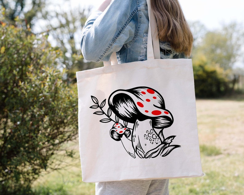 Mushrooms Canvas Tote Bag, Mushroom Plant Floral Tote Bag, Vintage Women Shoulder Bag,Aesthetic Cute Shopping Bag,Eco Friendly Grocery Bag image 2