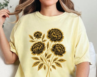 Linocut Flower Comfort Colors® Tee Vintage T-Shirt, Retro Block Print Floral Tee, Botanical Shirt, Cottagecore Boho Nature Top