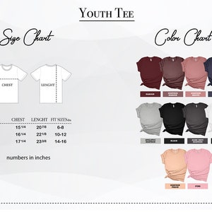 May include: Youth tee size chart with measurements in inches and color chart showing different colors of t-shirts.  The colors include maroon, heather maroon, heather mauve, denim navy, athletic heather, black, dark heather grey, and white.