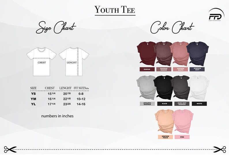 May include: Youth tee size chart with measurements in inches and color chart showing different colors of t-shirts.  The colors include maroon, heather maroon, heather mauve, denim navy, athletic heather, black, dark heather grey, and white.