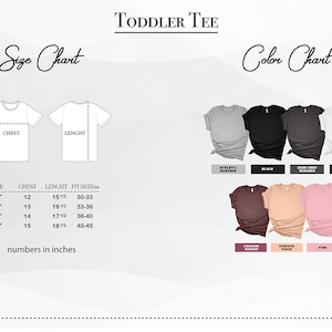Puede incluir: Tabla de tallas para camiseta de ni&ntilde;o peque&ntilde;o con medidas en pulgadas para las tallas 2T, 3T, 4T y 5T. La tabla de colores muestra gris deportivo, negro, gris oscuro, blanco, granate jaspeado, melocot&oacute;n jaspeado y rosa.
