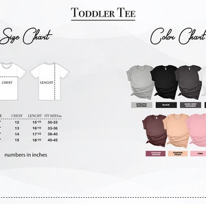 May include: Toddler tee size chart with measurements in inches for sizes 2T, 3T, 4T, and 5T. Color chart shows athletic heather, black, dark grey heather, white, heather maroon, heather peach, and pink.