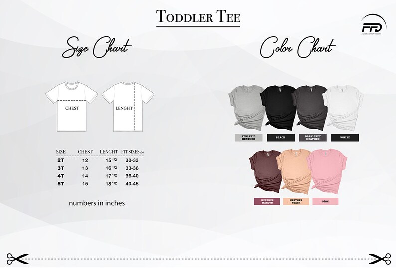 May include: Toddler tee size chart with measurements in inches for sizes 2T, 3T, 4T, and 5T. Color chart shows athletic heather, black, dark grey heather, white, heather maroon, heather peach, and pink.