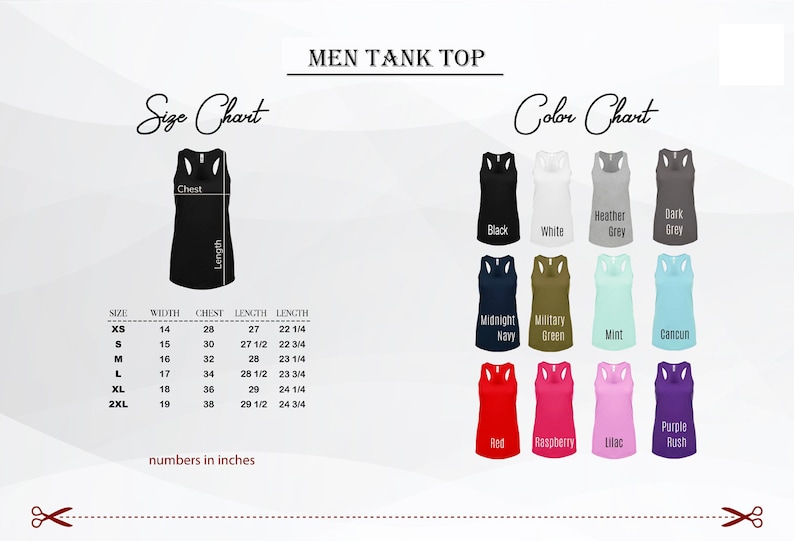 Pode incluir: Tabela de tamanhos para camiseta sem mangas masculina com medidas em polegadas e tabela de cores que mostra 12 cores diferentes. As cores incluem preto, branco, cinza mesclado, cinza escuro, azul marinho, verde militar, menta, Canc&uacute;n, vermelho, framboesa, lil&aacute;s e roxo.
