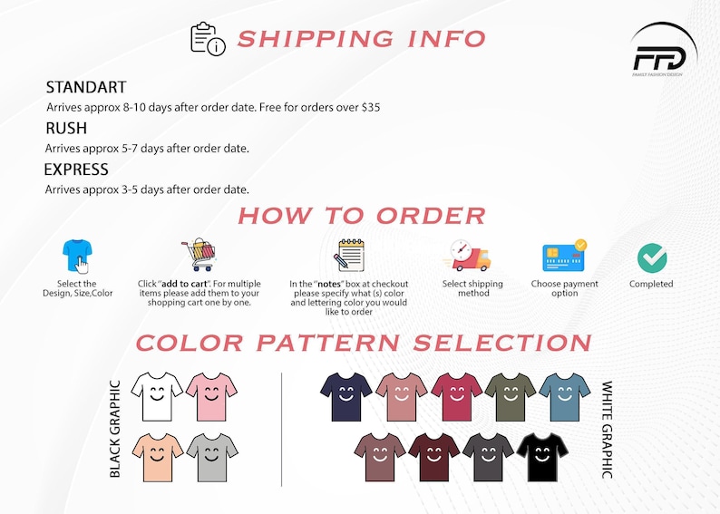 May include: Informational graphic with text and icons detailing the ordering process for t-shirts. Includes color pattern selection with various shirt colors and graphic options. The text includes "Shipping Info" and "How to Order".