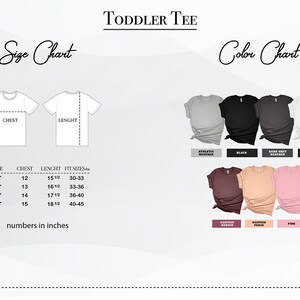 May include: Toddler tee size chart with measurements in inches for sizes 2T, 3T, 4T, and 5T. Color chart shows athletic heather, black, dark grey heather, white, heather maroon, heather peach, and pink.