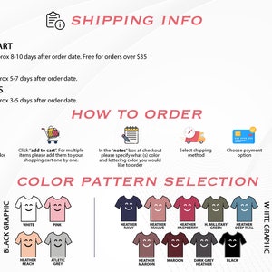 May include: Color pattern selection chart for t-shirts with a smiling face graphic.  The chart shows 12 different color options for the t-shirt and graphic.  Colors include white, pink, heather navy, heather mauve, heather raspberry, heather deep teal, heather peach, athletic grey, heather maroon, maroon, dark grey heather, and black.
