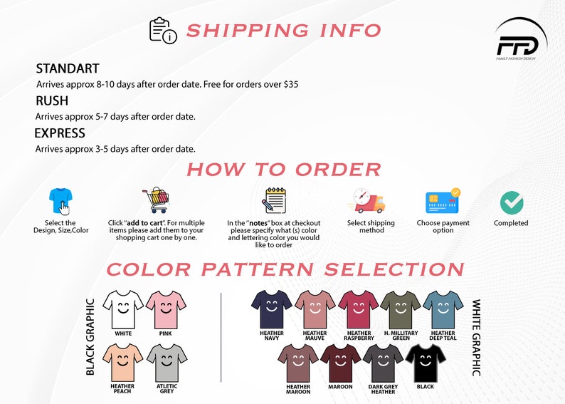 May include: Color pattern selection chart for t-shirts with a smiling face graphic.  The chart shows 12 different color options for the t-shirt and graphic.  Colors include white, pink, heather navy, heather mauve, heather raspberry, heather deep teal, heather peach, athletic grey, heather maroon, maroon, dark grey heather, and black.