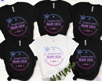 May include: Five t-shirts in black and white with a graphic design of a palm tree and the text "Robin's 40th Miami Crew 2024" in a circle.