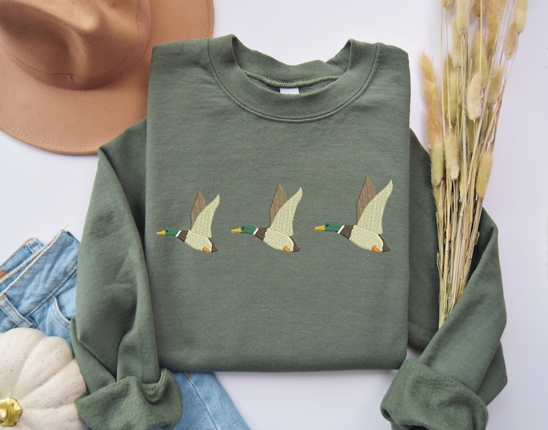 Embroidered Duck Sweatshirt, Embroidery Hoodie, Emroidered Gifts, Christmas Sweater, Hunter Sweatshirt, Animal lover sweatshirt, Xmast Gifts image 1