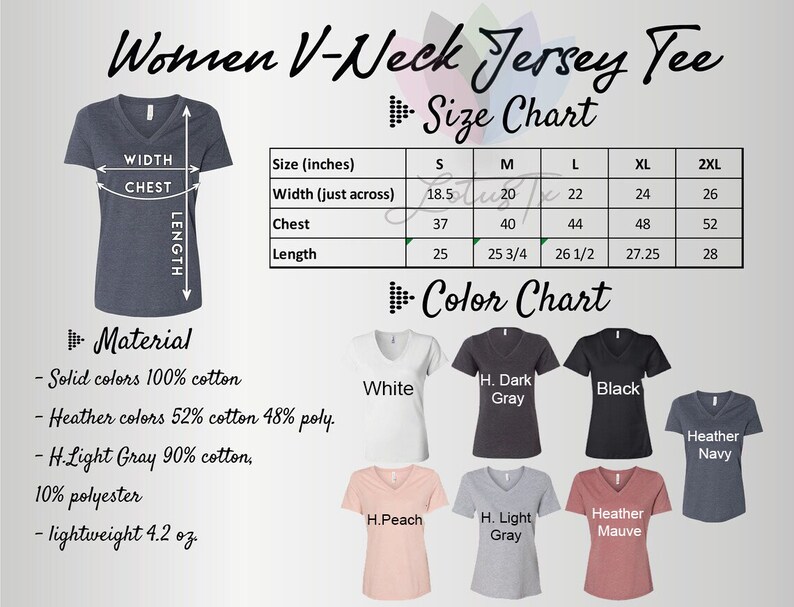 Puede incluir: Una tabla de tallas y una tabla de colores para una camiseta de jersey de cuello en V para mujer. La tabla muestra las tallas S, M, L, XL y 2XL con las medidas correspondientes en pulgadas para el ancho, el pecho y la longitud. La tabla de colores muestra la camiseta en blanco, gris oscuro jaspeado, negro, azul marino jaspeado, melocot&oacute;n jaspeado, gris claro jaspeado y malva jaspeado.