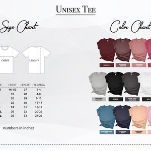 May include: Unisex tee size chart with measurements in inches and a color chart showing different colors of the tee. The colors include maroon, heather mango, heather mauve, raspberry, heather graphite, black, dark heather, white, heather military green, heather deep teal, heather navy, heather peach, and pink.