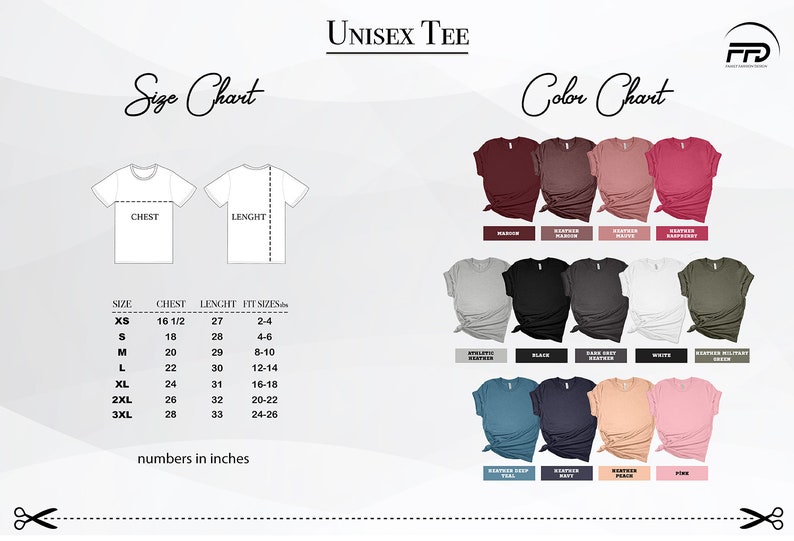 May include: Unisex tee size chart with measurements in inches and a color chart showing different colors of the tee. The colors include maroon, heather mango, heather mauve, raspberry, heather graphite, black, dark heather, white, heather military green, heather deep teal, heather navy, heather peach, and pink.