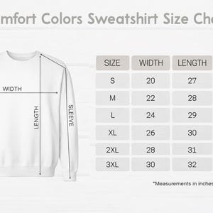 The image is a size chart for a white sweatshirt, showing the measurements for different sizes in inches.