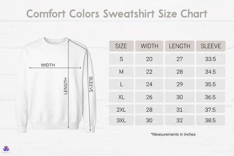 The image is a size chart for a white sweatshirt, showing the measurements for different sizes in inches.