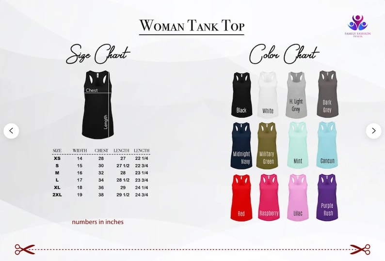 Pode incluir: Uma tabela de tamanhos e uma tabela de cores para uma camiseta sem mangas para mulher. A tabela de tamanhos mostra as medidas de largura, peito e comprimento em polegadas para os tamanhos XS a 2XL. A tabela de cores mostra 12 cores diferentes de camisetas sem mangas, incluindo preto, branco, cinza claro, cinza escuro, azul marinho, verde militar, menta, Canc&uacute;n, vermelho, framboesa, lil&aacute;s e roxo.