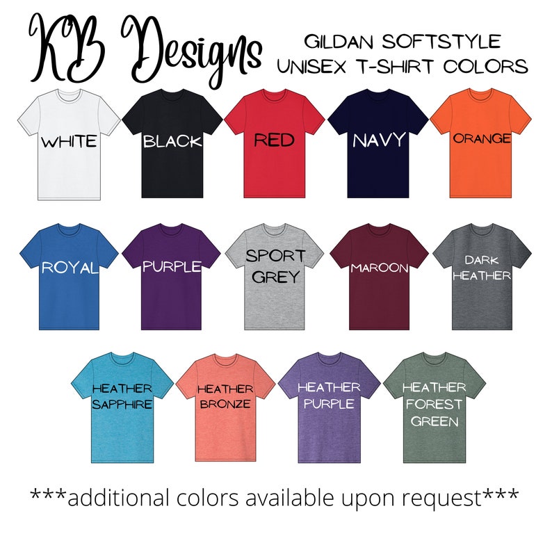 K&ouml;nnte beinhalten: Eine &Uuml;bersicht der Gildan Softstyle Unisex-T-Shirt-Farben. Die Farben umfassen Wei&szlig;, Schwarz, Rot, Marineblau, Orange, Royalblau, Lila, Sportgrau, Weinrot, Dunkelgrau meliert, Saphir meliert, Bronze meliert, Lila meliert, Waldgr&uuml;n meliert. Weitere Farben sind auf Anfrage erh&auml;ltlich.