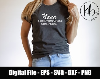 May include: A gray t-shirt with the word "Nana" and the text "Name Name Name Name Name" printed in white. The shirt is being worn by a person.