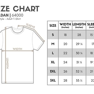 K&ouml;nnte beinhalten: Gr&ouml;&szlig;entabelle f&uuml;r Gildan 64000 Softstyle T-Shirts f&uuml;r Erwachsene. Die Tabelle zeigt die Breite, L&auml;nge und &Auml;rmell&auml;nge in Zoll f&uuml;r die Gr&ouml;&szlig;en S, M, L, XL, 2XL und 3XL.
