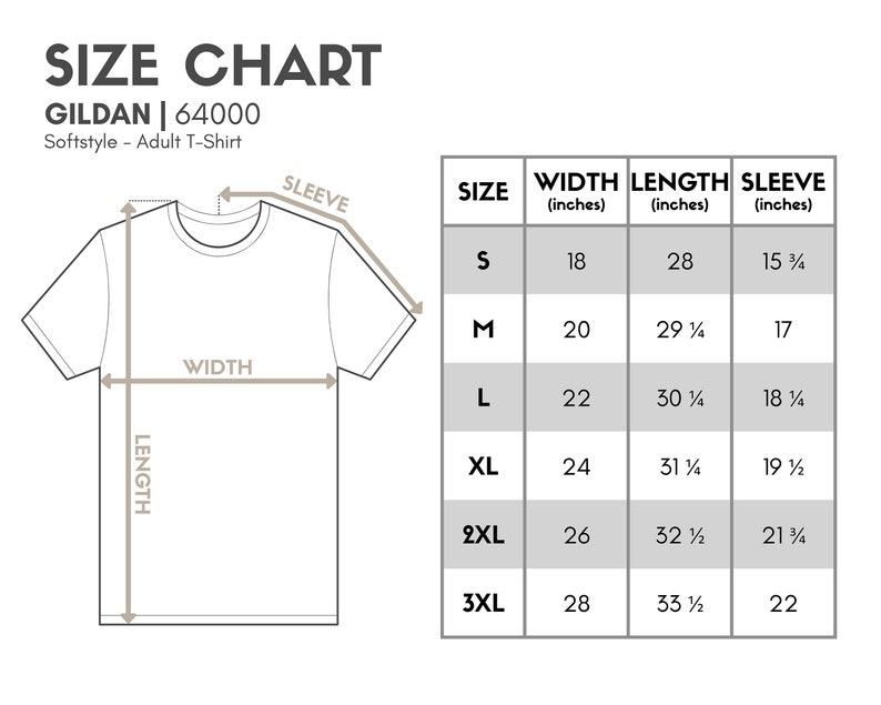 K&ouml;nnte beinhalten: Gr&ouml;&szlig;entabelle f&uuml;r Gildan 64000 Softstyle T-Shirts f&uuml;r Erwachsene. Die Tabelle zeigt die Breite, L&auml;nge und &Auml;rmell&auml;nge in Zoll f&uuml;r die Gr&ouml;&szlig;en S, M, L, XL, 2XL und 3XL.