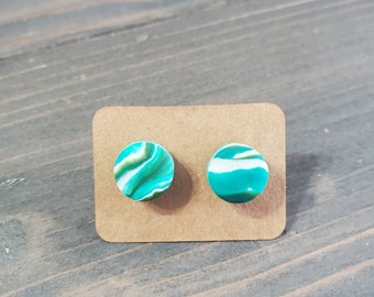 Handmade Polymer Clay Stud Earrings | Green & Emerald Marble