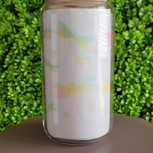 READY TO SHIP. Pastel dragon fly glass can tumbler.