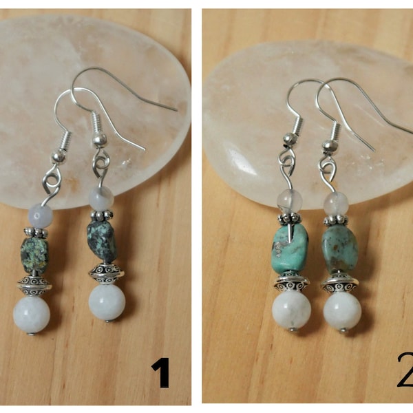 Boucles d'oreilles pendantes en perles de pierre de lune, turquoise africaine et agate arbre blanche, petites perles tibétaines argentées