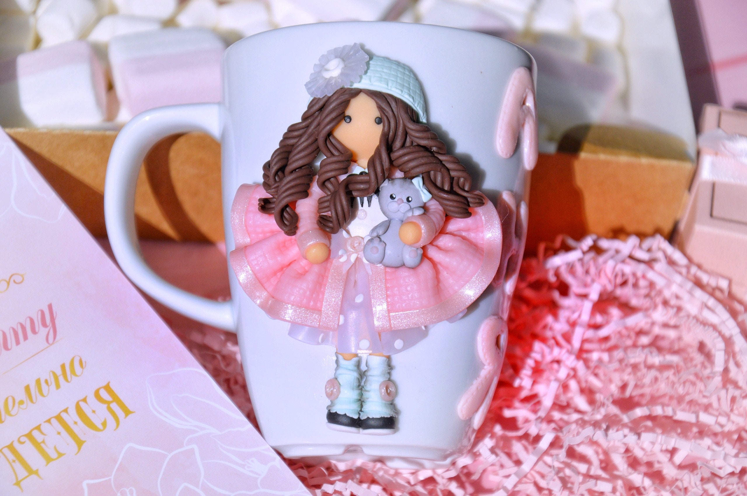 Polymer clay decor on a mug Girl on a mug Gift for a Woman Etsy