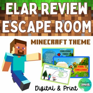May include: Digital and print Minecraft-themed ELAR Review Escape Room game. The image features a pixelated character, game cards with challenges, and the text "ELAR REVIEW ESCAPE ROOM" and "MINECRAFT THEME".