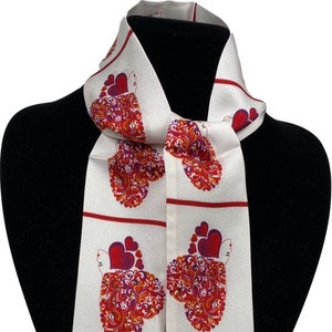 Hearts of Love Skinny Scarf, Artie, Silk Wristband, Purse Scarf, Woman’s Slim Bandeau Headband, Wrist Wrap Bracelet, Silk Scarf for Hair