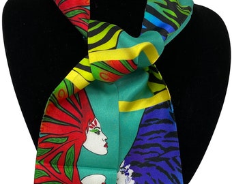 Tropical, Skinny Scarf, Artie, Silk Wristband, Necktie, Purse Scarf, Woman’s Slim Bandeau Headband, Wrist Wrap Bracelet, Silk Scarf for Hair