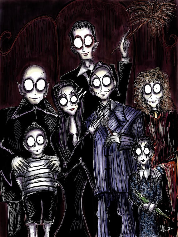 Addams Family Portrait Gothic Style Drawing Etsy