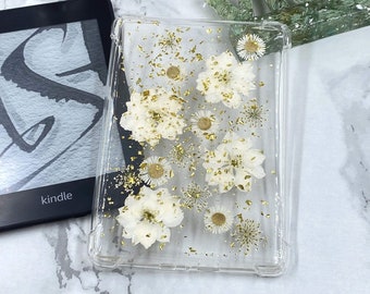 Gold foil white flower Kindle Paperwhite 11th gen flower case, Kindle Paperwhite resin cover, Kindle Scribe case, Kindle oasis 3 Ebook cover