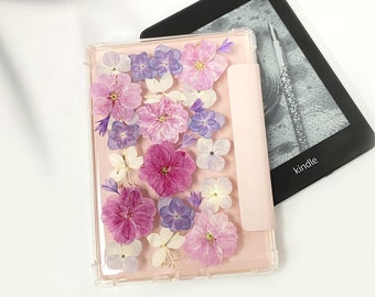 Real purple pink flower clear kindle case, paperwhite 11th gen 6.8'' case,kindle Oasis 3 10th gen 2019 7'' cover, new kindle 2022 resin case