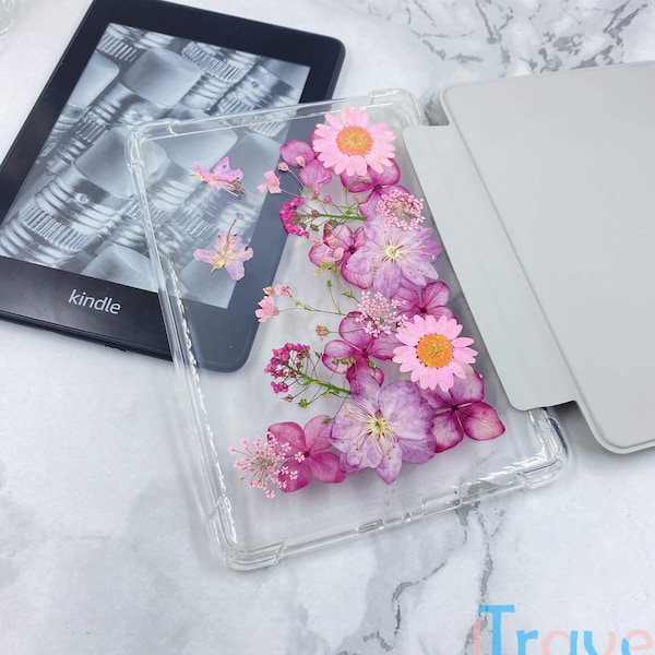 Pink hydrangea daisy cherry kindle paperwhite 11th gen 6.8'' flower case, kindle Oasis 3 7'' case with flip cover, resin kindle case