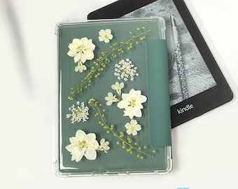 Pressed white dried flower kindle case, paperwhite 11th gen 6.8'' case, kindle Oasis 3 10th gen 2019 7'' cover, new kindle 2022 resin case