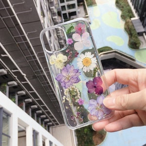 Real pressed purple flower white daisy flash case for iPhone 17 16 15 14 13 pro max 16e,Google Pixel 10 pro, Samsung S24 S25 plus Ultra A56
