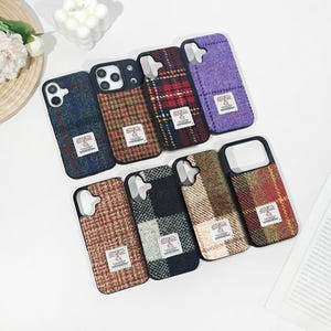 Funda de tela para teléfono fabricada con Harris Tweed con soporte integrado para la cámara, compatible con iPhone 17, 16, 15, 14 Pro Max, 17e Air y Samsung S26, S25, S24 FE Ultra.