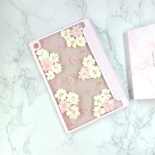 Real pink white delphinium flower pink case, Samsung Tab S9/S8/S8+case,Samsung Tab S7/S7+case,Samsung Tab A7 A8 LTEcase,Samsung Tab case